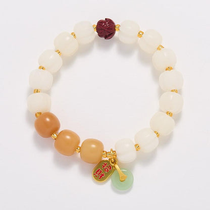 Lingyin Blessing Natural White Jade Bodhi Pumpkin Bracelet Good Luck Cinnabar Lotus Bracelet Temple Same Style Gift
