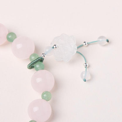 Natural 10MM Rose Quartz Bracelet for Women, Curved Courtyard Style Lotus Pink Crystal Good Luck Lotus Bead Bracelet
