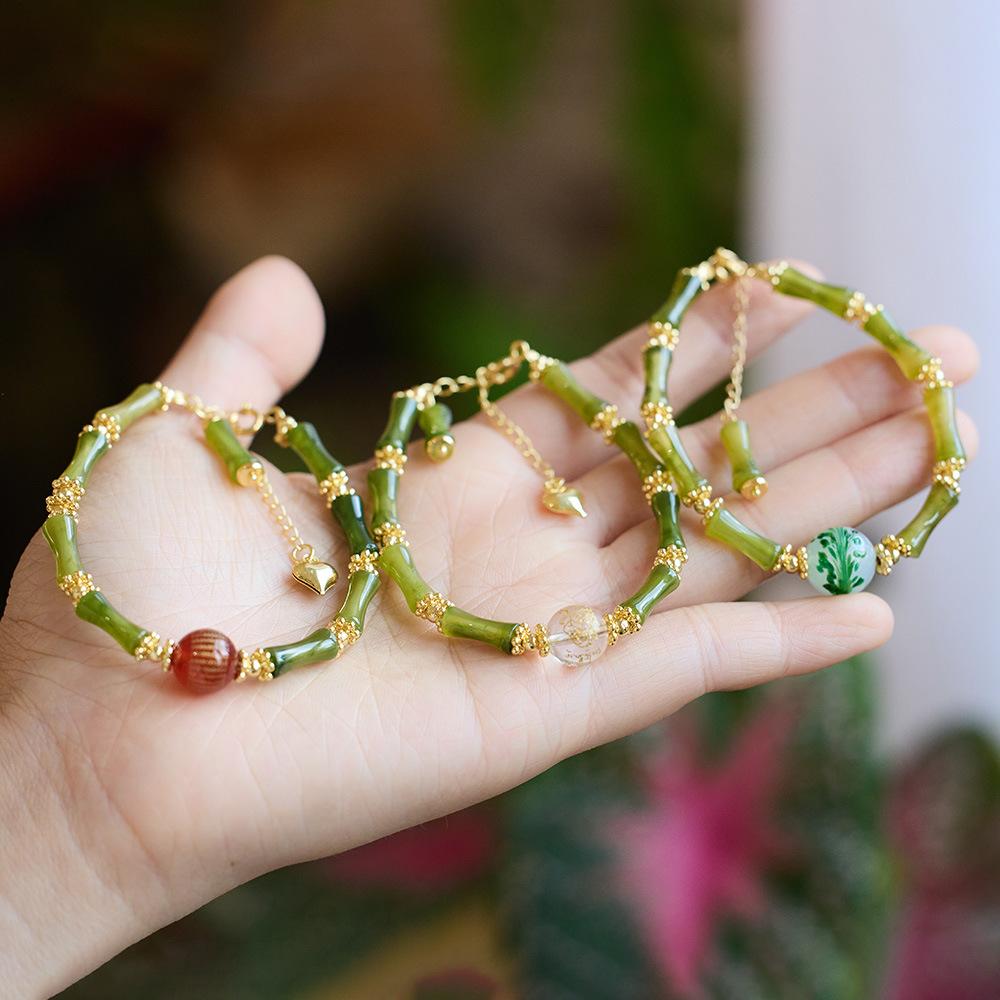 Chinese Style New Bamboo Knot Bracelet Agate Heart Sutra Crystal Bead Bracelet Simple Ethnic Style Good Luck Couple Gift Jewelry
