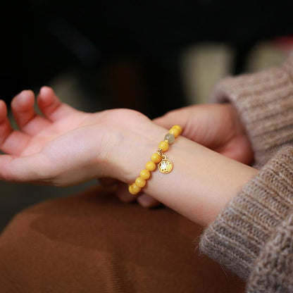 Natural Chicken Fat Yellow Beeswax Buddha Beads Bracelet for Women Amber Hetian Jade Single Circle Bracelet Retro Chinese Style Design