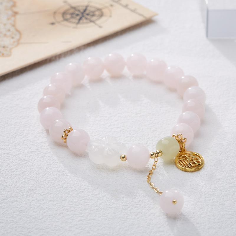 Original Rose Quartz Bracelet for Women Peach Blossom Pink Crystal Bracelet New Chinese Style Ancient Feng Fu Pendant Jewelry
