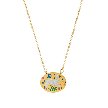 Titanium Steel New Hand-Painted Oil-Drip Rabbit Element Pet Oval Tarot Card Necklace Color-Retaining 18K Gold Plating
