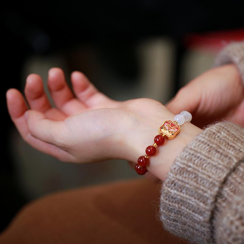 Natural Double Red Agate White Agate Nian Beast Bracelet for Women Lion Dance Accessory Agate Bead Jewelry