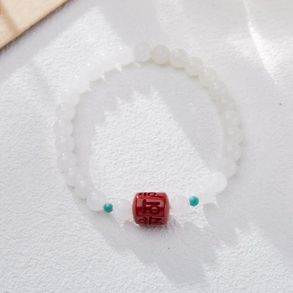 Hetian White Jade Bracelet for Women with Cinnabar Six-Word Mantra, Jadeite Hetian Jade Beads, Zodiac Year Gift