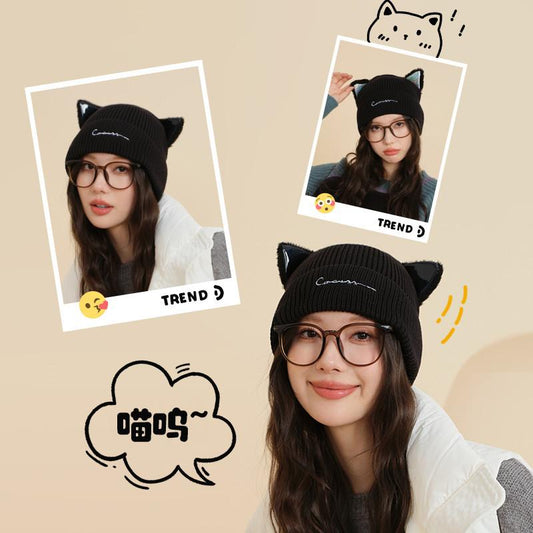 Knitted Hat for Women, Autumn and Winter New Korean Trendy Brand Wool Hat, Cat Ear Hat, Fashionable Knitted Hat, Casual Versatile