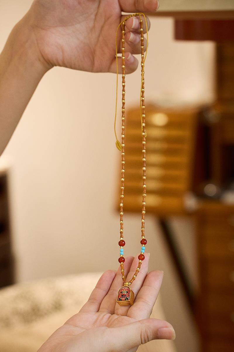 New Chinese Style Olive Stone Bamboo Knot Braided Necklace for Women with Zakiram Thangka Pendant and Gawu Box, Elegant and Versatile Necklace