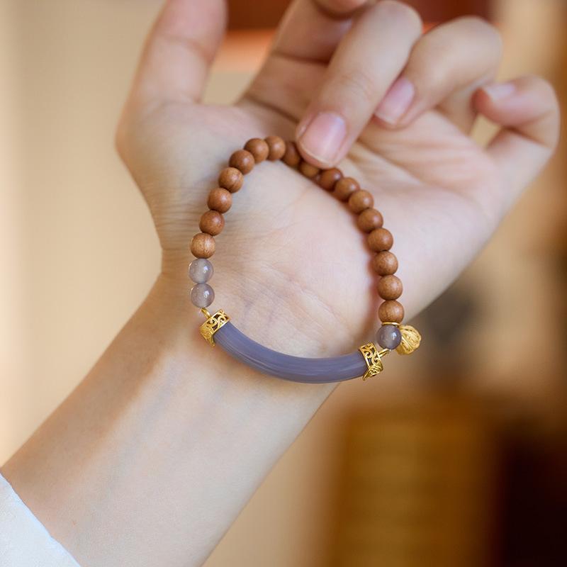 New Chinese Style Milky Fragrance Barbie Sandalwood Bracelet Semi Raw Smoke Purple S925 Silver Chalcedony Agate Double Combination High-end Bracelet
