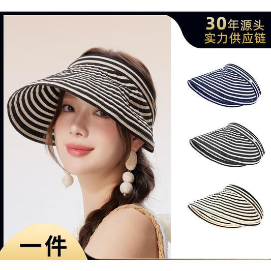 Striped Visor Hat for Women Summer Korean Style Wide Brim Sun Hat Striped Beach Hat Foldable Headband