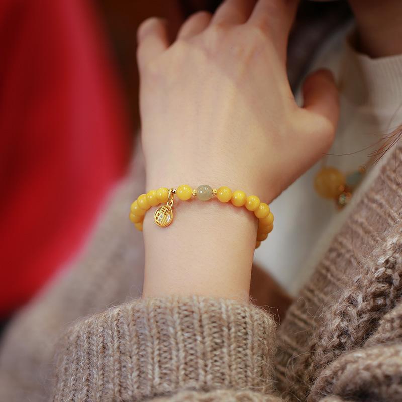 Natural Chicken Fat Yellow Beeswax Buddha Beads Bracelet for Women Amber Hetian Jade Single Circle Bracelet Retro Chinese Style Design