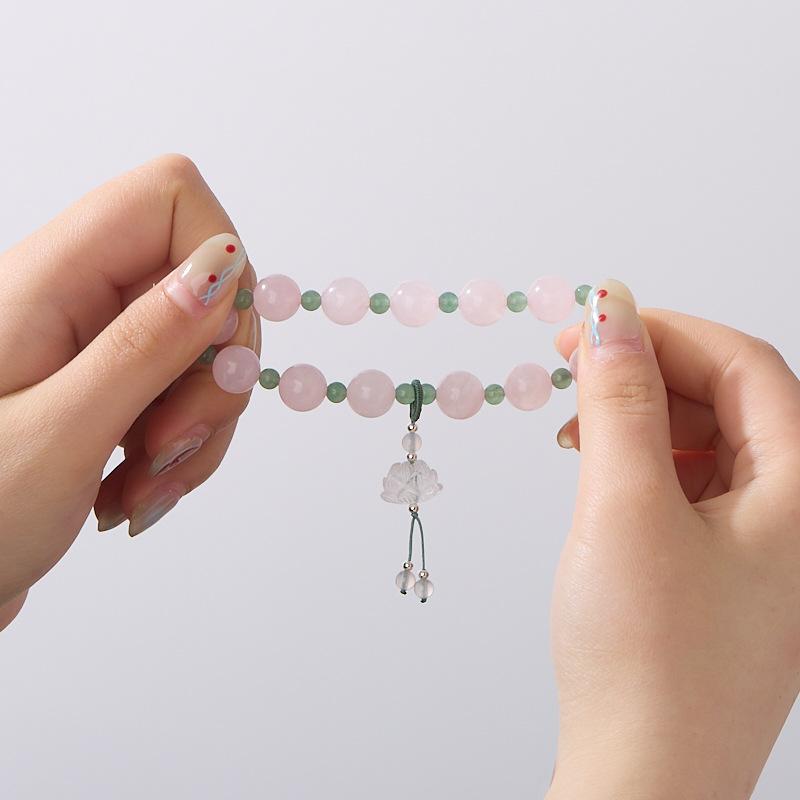 Natural 10MM Rose Quartz Bracelet for Women, Curved Courtyard Style Lotus Pink Crystal Good Luck Lotus Bead Bracelet