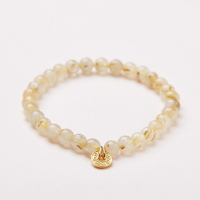Natural 6MM Golden Rutilated Quartz Bracelet for Women, Attracting Wealth Coin Bracelet, High-End New Chinese Style Crystal Bracelet