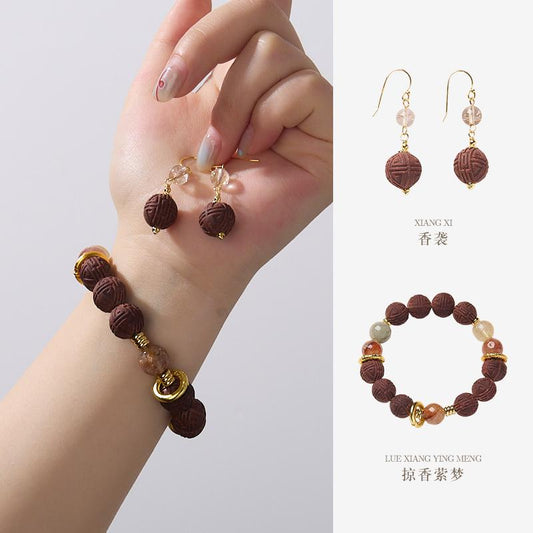 Handmade DIY Ancient Method Incense Bead Bracelet Golden Rutilated Quartz Red Agate Crystal Bracelet Medicinal Incense Bead Handcraft