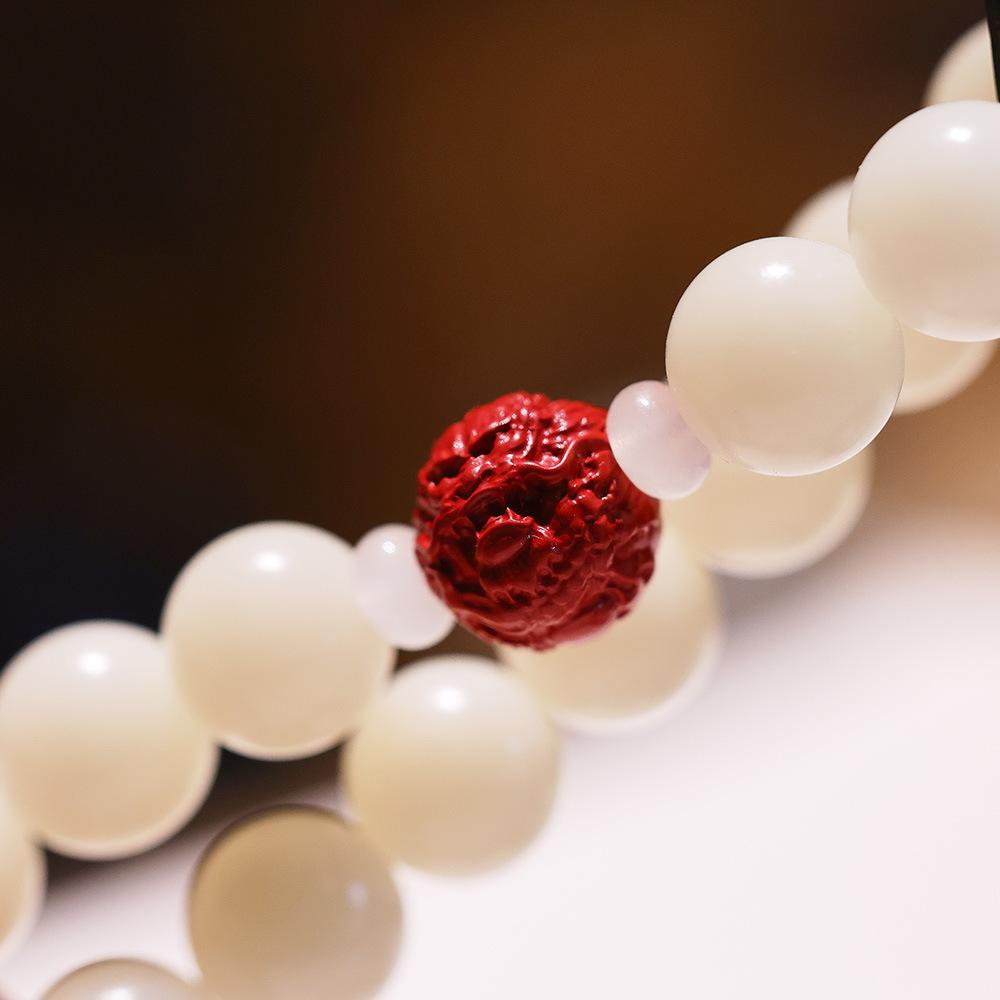 Natural 12MM White Jade Bodhi Bracelet with Cinnabar and Red Sand Pixiu, Soft Wrap-around Bead Bracelet for Men and Women, Single Circle Buddhist Prayer Beads