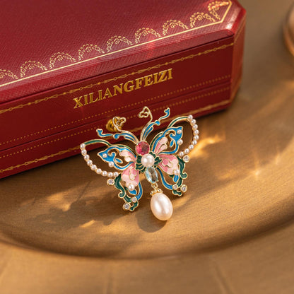 Xiliang Fei Fashion High-End Chinese Style Enamel Painted Butterfly Brooch Natural Pearl Insect Accessory Brooch