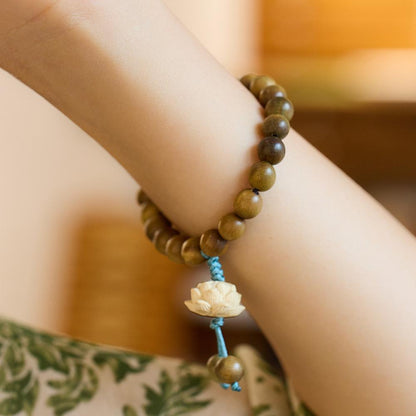 Original Green Sandalwood Bracelet for Female Students, Soft on Fingers, Men's Cultural Play, Buddhist Beads, Sandalwood, Lotus Flower Bracelet, Peripheral Accessories