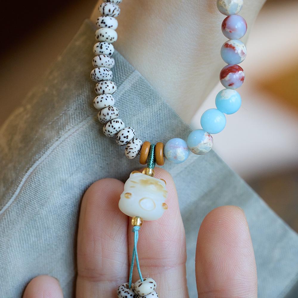 New Chinese Style Natural Shoushan Stone Bracelet Star Moon Bodhi Charcoal Burnt Little Cat Double Circle Cultural Play Bracelet Buddhist Beads Prayer Beads