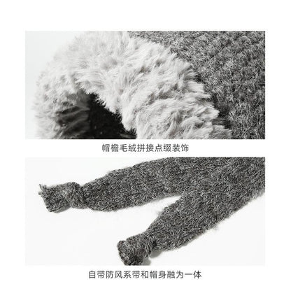 Autumn Winter Fluffy Ear Protection Knitted Hat for Women Large Head Circumference Cold-Proof Warm Wool Hat Color-Block Tie Head Wrap Hat