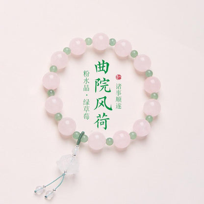 Natural 10MM Rose Quartz Bracelet for Women, Curved Courtyard Style Lotus Pink Crystal Good Luck Lotus Bead Bracelet