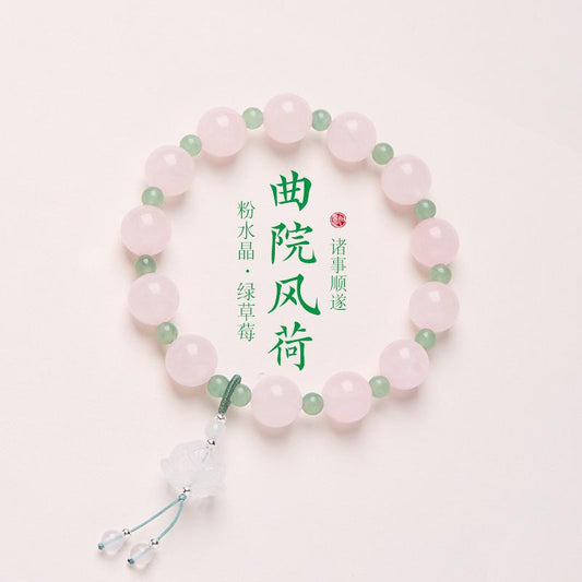 Natural 10MM Rose Quartz Bracelet for Women, Curved Courtyard Style Lotus Pink Crystal Good Luck Lotus Bead Bracelet