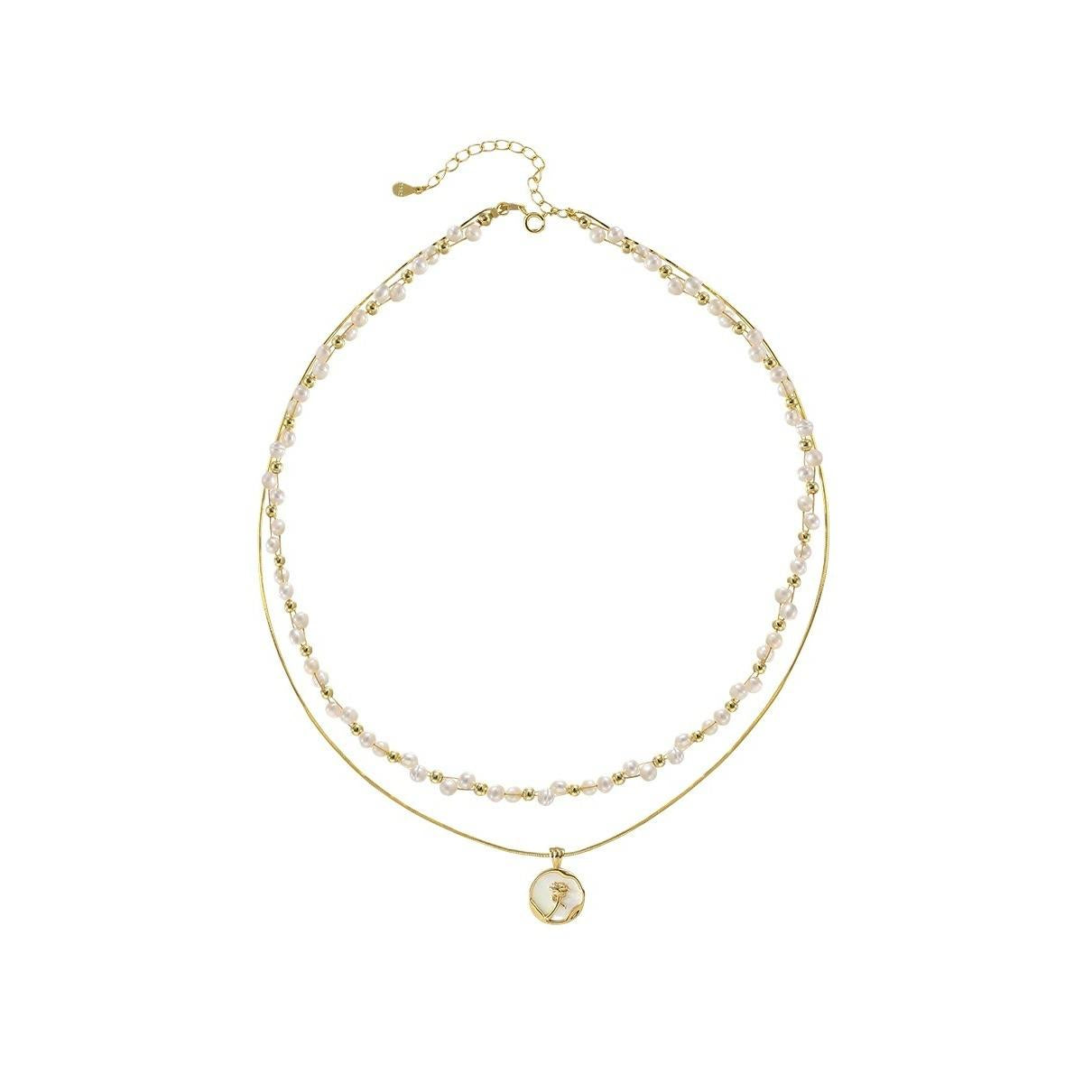 Pearl Layered Chain Double Weave Necklace Niche High-end Sense Women's Romantic Rose Flower Gift Temperament