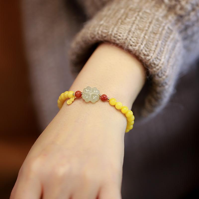 Natural Chicken Fat Yellow Beeswax Buddha Beads Bracelet for Women Amber Hetian Jade Single Circle Bracelet Retro Chinese Style Design