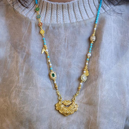 Koi Fish Ruyi Lock Necklace for Women, Ancient Enamel Gold-Plated, High-End Niche Necklace Jewelry