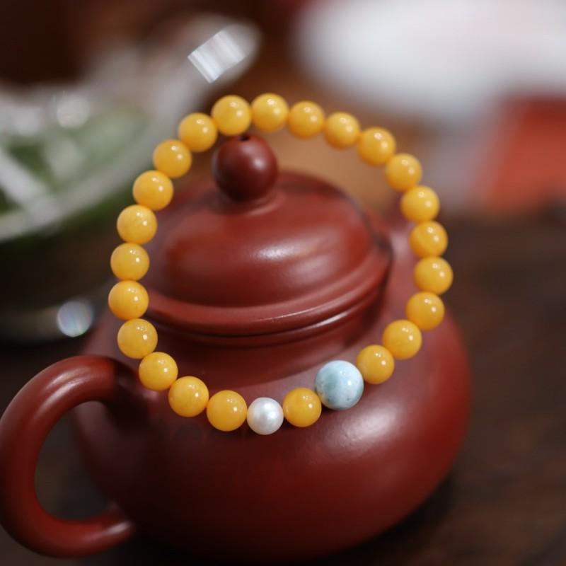 Natural Chicken Fat Yellow Beeswax Buddha Beads Bracelet for Women Amber Hetian Jade Single Circle Bracelet Retro Chinese Style Design
