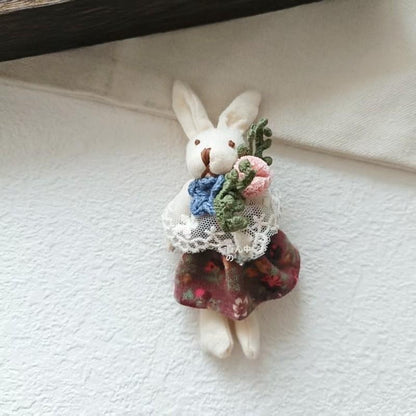 Sweet and Fresh Forest Style Girl Fabric Cartoon Cute Floral Dress with Little Bunny Brooch Accessory