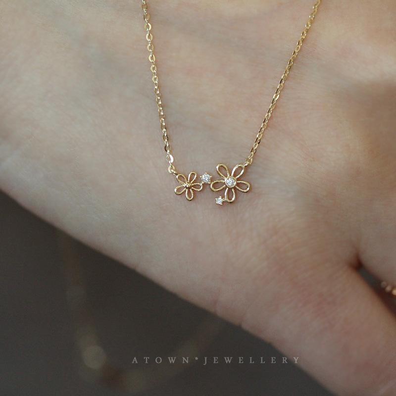 S925 Sterling Silver 14K Gold Plated Necklace Two Small Flowers Girl Japanese and Korean Simple Elegant Everyday Versatile Collarbone Chain for Women