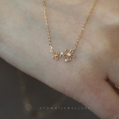 S925 Sterling Silver 14K Gold Plated Necklace Two Small Flowers Girl Japanese and Korean Simple Elegant Everyday Versatile Collarbone Chain for Women