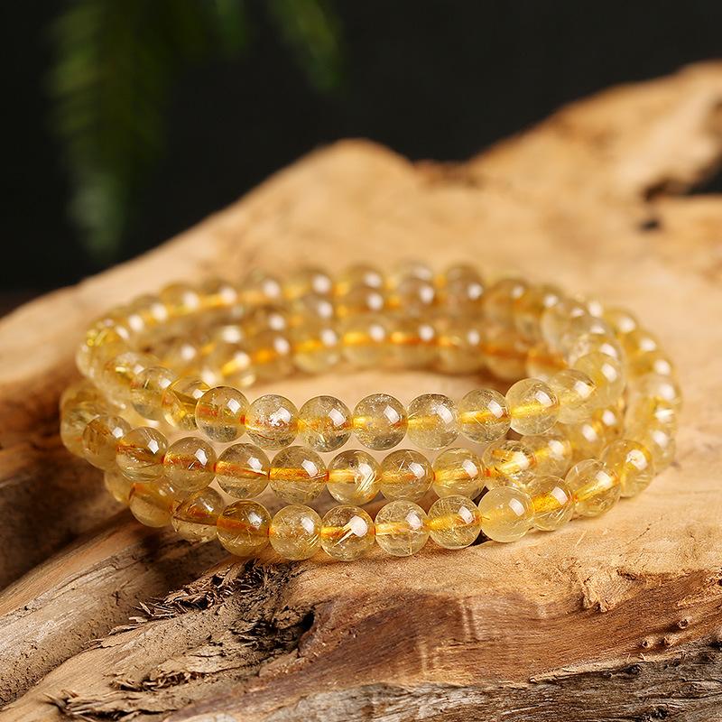 Natural Golden Rutilated Quartz Bracelet Wrapped 3 Times 6mm Golden Rutilated Quartz Multi-Wrap Bracelet Titanium Quartz Bead Bracelet Crystal Round and Full