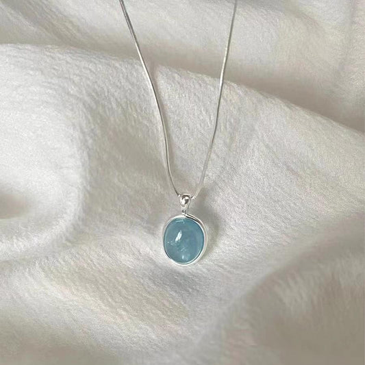 S925 Aquamarine Pendant Sterling Silver Necklace Women's High-Grade Non-Fading Summer Ins All-Matching Light Luxury Minority Ornament