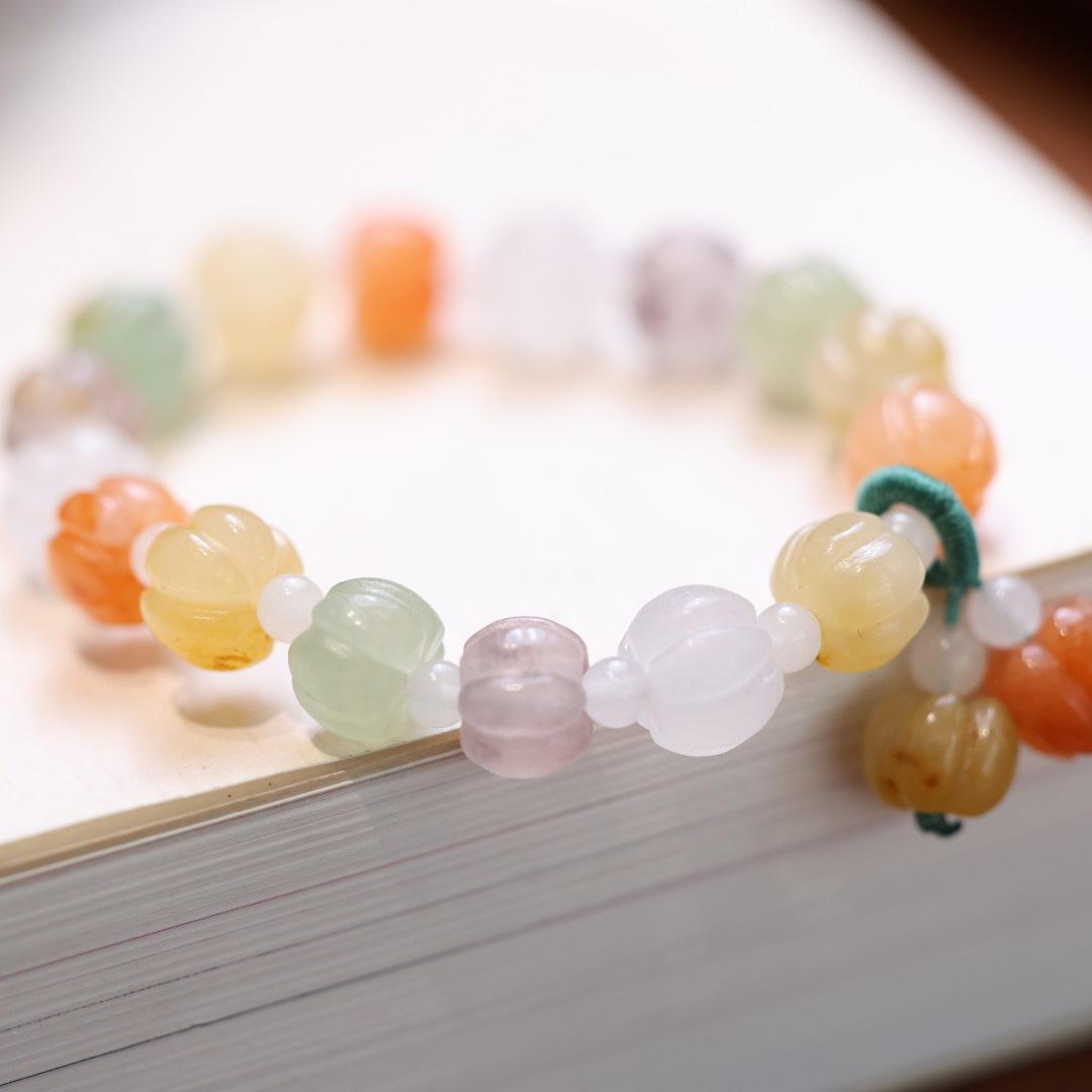 Natural Golden Silk Jade Pumpkin Bead Bracelet for Women, Small Gift for Best Friends, Colorful Multi-Treasure Small Pumpkin Pendant Jade Jewelry