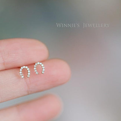 Full Diamond Horseshoe S925 Sterling Silver 14K Gold Plated Earrings Small Delicate Zircon Inlaid Exquisite U-Shaped Lucky Earrings for Women