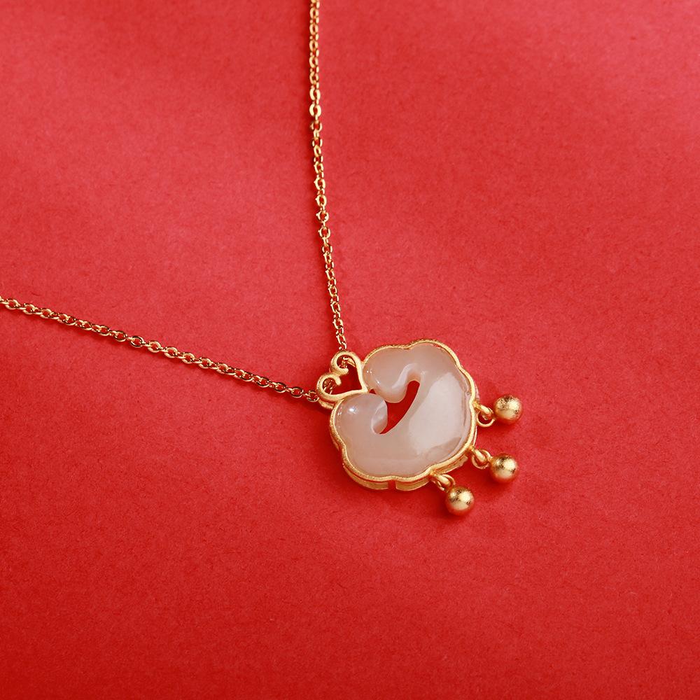 S925 Silver Hetian Jade Ruyi Xiangyun Peace Lock Necklace Retro Chinese Style Long Life Lock Chain