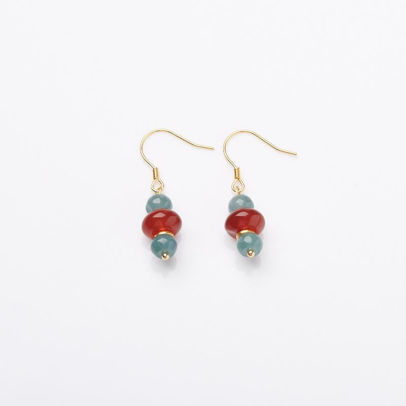 Natural Blue Water Jade Earrings S925 Silver Thousand Miles of Rivers and Mountains Red Agate National Style Earrings New Chinese Ear Hook Ear Jewelry