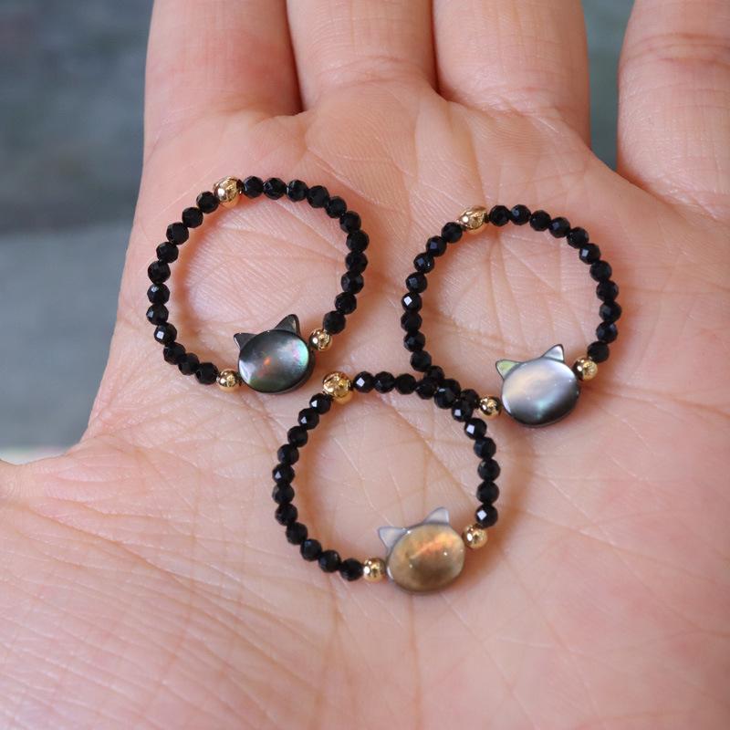 Natural Black Mother-of-Pearl Ultra-Fine Black Spinel Cat Ring Crystal Stone Natural Black Crystal Personality Beaded Ring