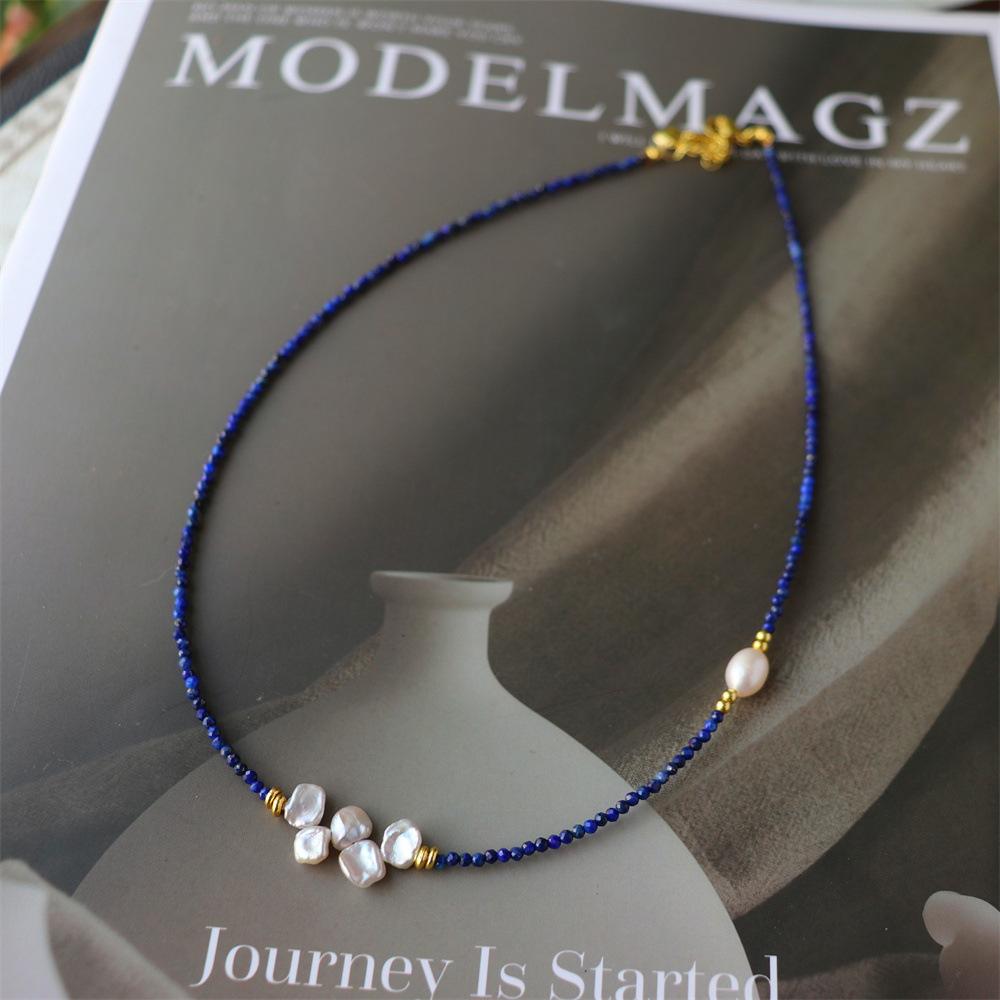 Design Simple Natural Lapis Lazuli Malachite Freshwater Petal Pearl Necklace Ultra-fine Layered Collarbone Chain Necklace