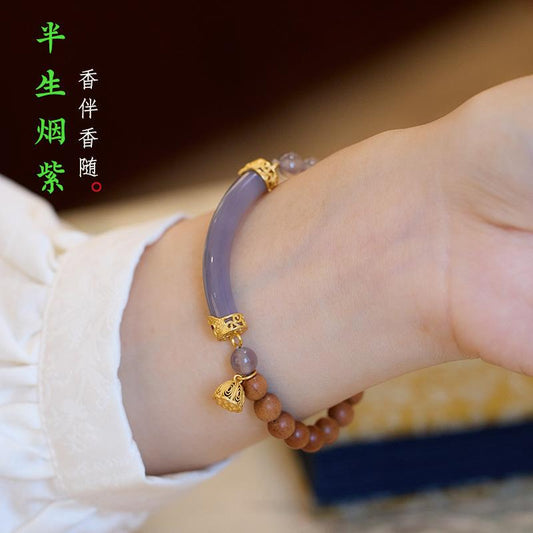 New Chinese Style Milky Fragrance Barbie Sandalwood Bracelet Semi Raw Smoke Purple S925 Silver Chalcedony Agate Double Combination High-end Bracelet