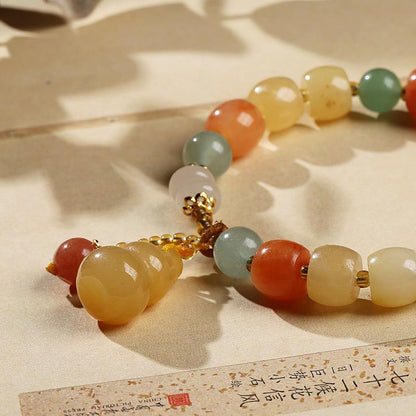 Natural Xinjiang Golden Silk Jade Bracelet Ethnic Style Colorful Jade Candy Color Yellow Green Barrel Beads Hanging Gourd Bracelet