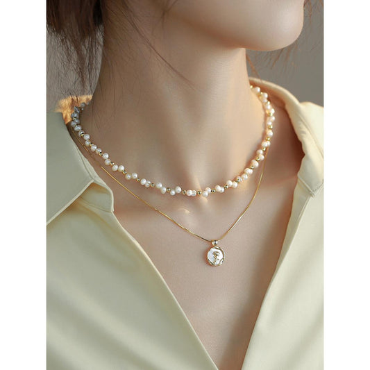 Pearl Layered Chain Double Weave Necklace Niche High-end Sense Women's Romantic Rose Flower Gift Temperament