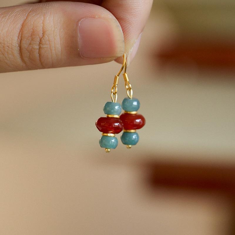Natural Blue Water Jade Earrings S925 Silver Thousand Miles of Rivers and Mountains Red Agate National Style Earrings New Chinese Ear Hook Ear Jewelry