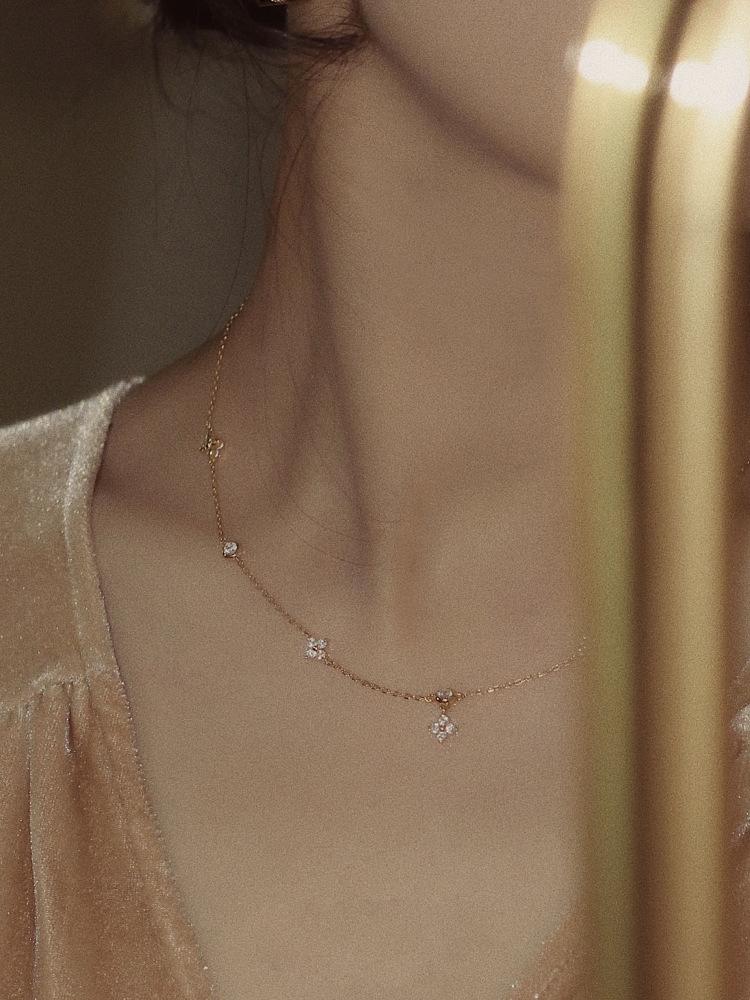 S925 Silver Plated 18K Gold Four-Leaf Clover Lucky Vintage Simple Elegant Collarbone Necklace
