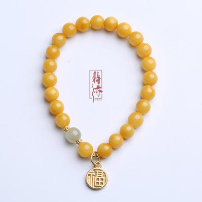 Natural Chicken Fat Yellow Beeswax Buddha Beads Bracelet for Women Amber Hetian Jade Single Circle Bracelet Retro Chinese Style Design