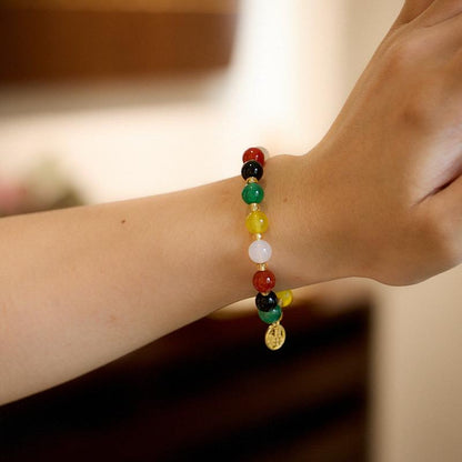 Natural 8MM Agate Bracelet Five Blessings Good Luck Multicolored Agate Beads Temple Scenic Spot Bracelet Gift