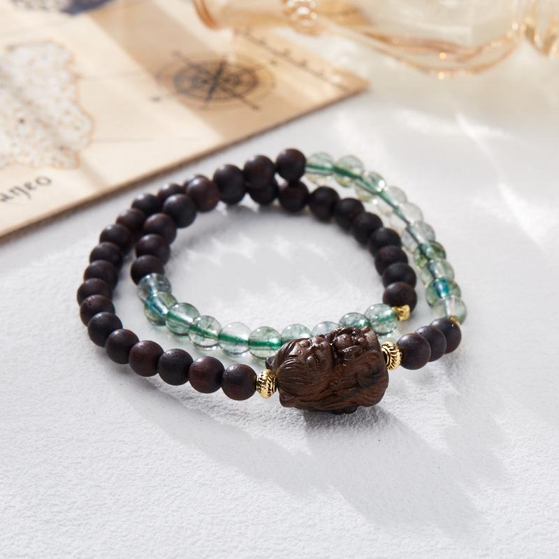 Agarwood Bracelet Nine-Tailed Fox Phoenix Nine Fox White Crystal Double Circle Bracelet High-End Buddhist Bead Bracelet