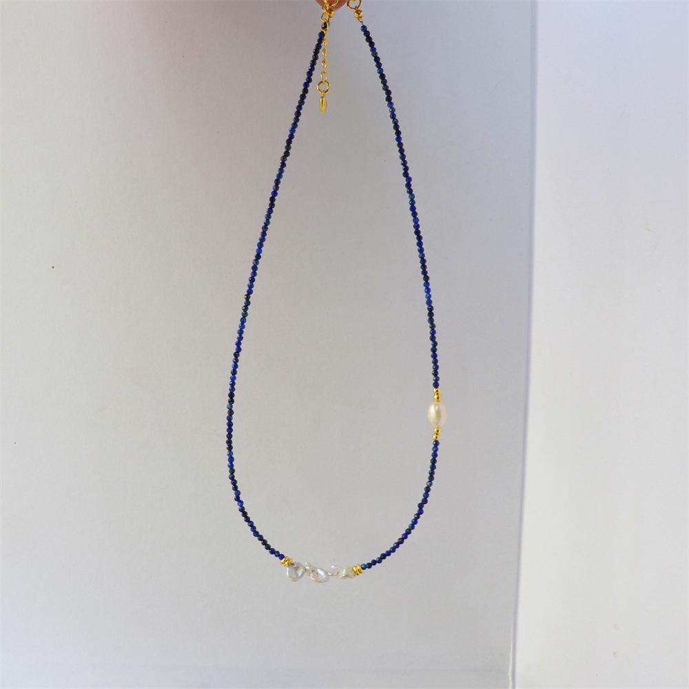 Design Simple Natural Lapis Lazuli Malachite Freshwater Petal Pearl Necklace Ultra-fine Layered Collarbone Chain Necklace