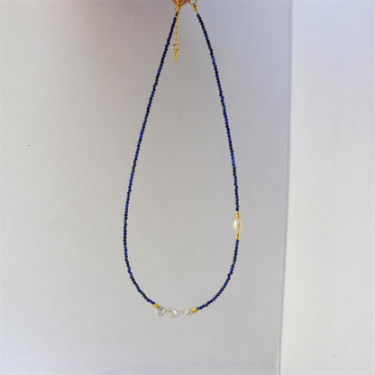 Design Simple Natural Lapis Lazuli Malachite Freshwater Petal Pearl Necklace Ultra-fine Layered Collarbone Chain Necklace