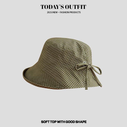 Sweet Navy Blue Plaid Fisherman Hat for Women, New Summer Wide Brim Sunshade Sun Protection Bucket Hat