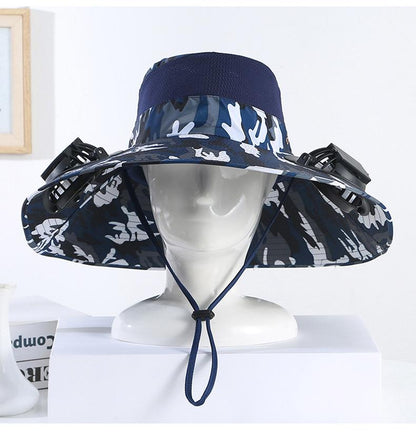 Men's Summer Wide Brim Dual Fan USB Rechargeable Fan Hat Adult Outdoor Sunshade Sun Protection Fishing Work Hat